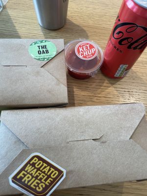 Menu with drink, waffle fries, sauce and burger  at A Burgers - rue Simart in Paris