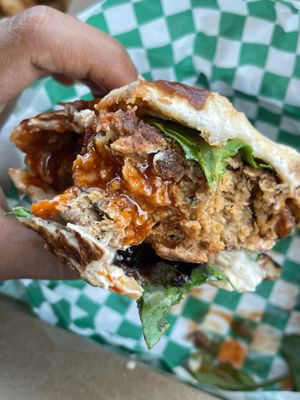 Closeup of the sandwich 😍 I asked for maximum sauce  at Karelyns Vegan Soul Café in Orlando