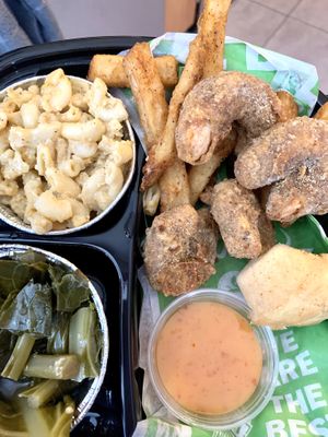 Platter w/ shrimp, greens, mac and cheese. Fries extra, but worth it!  at Karelyns Vegan Soul Café in Orlando