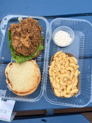 Vegan Chicken Sandwich & Mac & Cheese with vegan Mayo on side at Karelyns Vegan Soul Café in Orlando