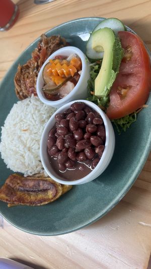 Traditional food  (2 sources of proteins)  at Bosque Urbano in San Jose