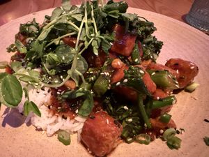 GENERAL TSO'S STICKY TOFU |  V* maple-soy glaze, tianjin chiles, spring onion, sesame, jasmine rice #Veganuary at Flamingo's Lazeaway Club in Santa Rosa
