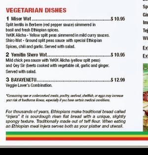 Vegan section  at Try Me Ethiopian Cuisine in Gresham