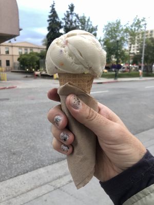 Vegan cake batter ice cream in a sugar cone  at Wild Scoops - Downtown in Anchorage