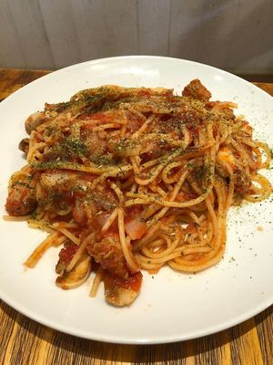 Vegetarian mushroom bolognese 蕃茄素肉蘑菇意粉 (can be adapted to vegan) at Fuwa Fuwa Cafe in New Territories