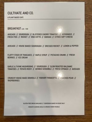 Breakfast Menu at Cultivate & Co in Eumundi