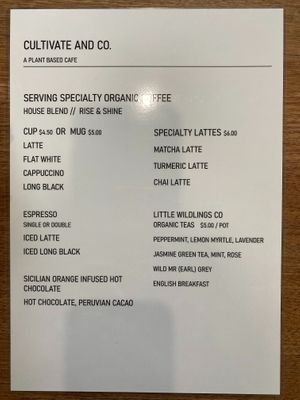 Coffee Menu at Cultivate & Co in Eumundi