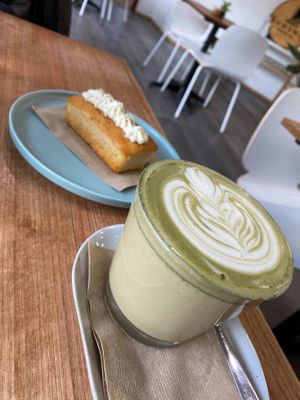 Matcha Latte and Lemon Cake with Icing and Tapioca Pearls at Cultivate & Co in Eumundi