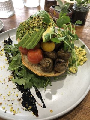 Garlic & Thyme mushrooms//sourdough//slow roasted balsamic tomatoes// potato rosti// herbed tofu scramble// fresh spinach// avocado.   10/10  at Cultivate & Co in Eumundi