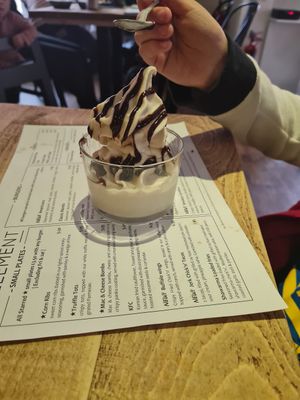 Soft serve ice cream with choc sauce at 13th Element in Nottingham