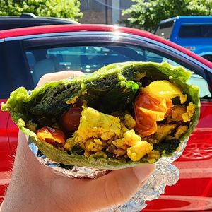 Vegan breakfast wrap with vegan egg, veggies, vegan sausage. at The Coffee Factory in Muskegon