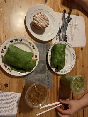 Saturday 1030a, BUSY! Forgot to snap pic of options. Iced coffee w/ oat milk, Matcha latte w/coconut milkk  at The Coffee Factory in Muskegon