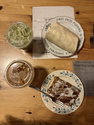 Falafel, rice, kale & pepper burrito - surprisingly good. Vegan iced coffee cake - very sweet, but good. Iced coffee & Matcha again😋  at The Coffee Factory in Muskegon