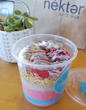 Raspberry Bowl with layer of PB Chia Pudding at Nekter Juice Bar in Chandler