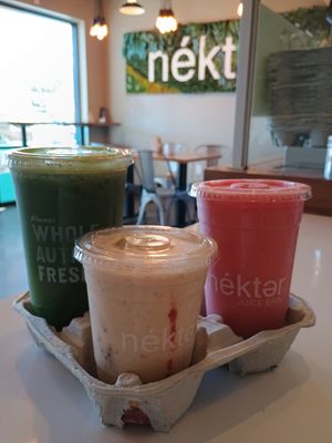 The greenie, PB&J,  bananas and strawberry at Nekter Juice Bar in Chandler