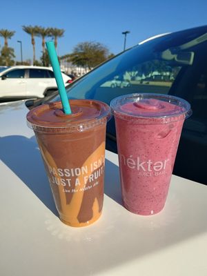 Peanut butter chocolate protein and Strawberry banana protein at Nekter Juice Bar in Chandler