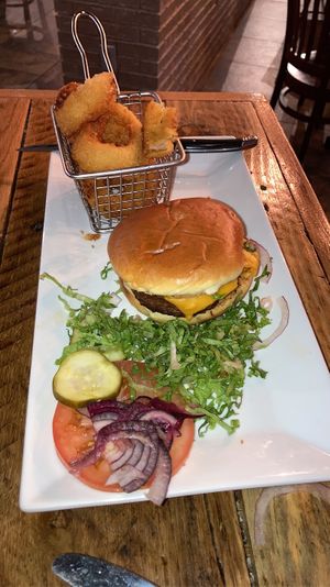 Domestic burger with onion rings  at Craft 850 in Panama City Beach