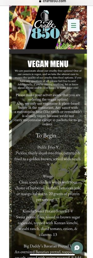 Online vegan menu at craft850.com at Craft 850 in Panama City Beach