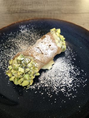 Fresh cannoli with pistachio, we also got the Victoria sponge with homemade jam but forgot the photo as we had that to take out.   at Holy Cannoli in Blackburn