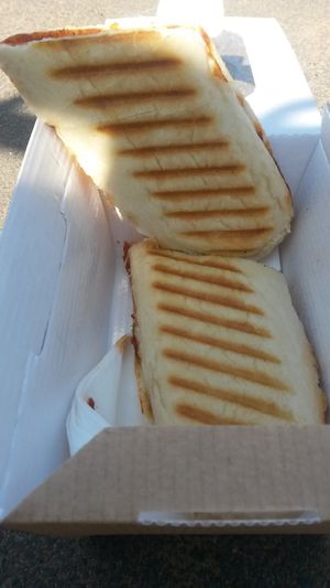 Vegan cheese and sundried tomato chutney panini at Castaways Tea Shop in Seaton Sluice