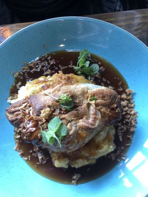 Pasty, mash, gravy   at Castaways Tea Shop in Seaton Sluice
