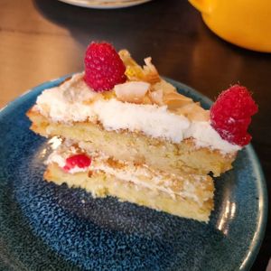 Vegan raspberry lemon & coconut at Castaways Tea Shop in Seaton Sluice