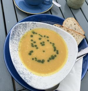 Soup outside, very nice bread  at Castaways Tea Shop in Seaton Sluice