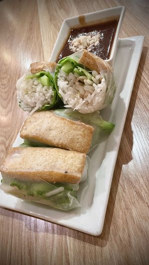 Vegan Springrolls 
fried tofu, lettuce, cucumber, and vermicelli noodles, wrapped in rice paper served with a house peanut sauce  at Lotus and Light in Burbank