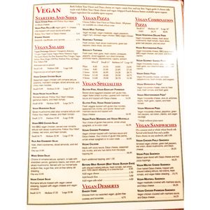 Vegan Menu at The Original Pizza Cookery in Thousand Oaks