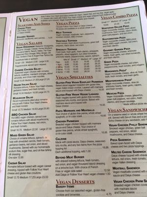 Vegan menu at The Original Pizza Cookery in Thousand Oaks