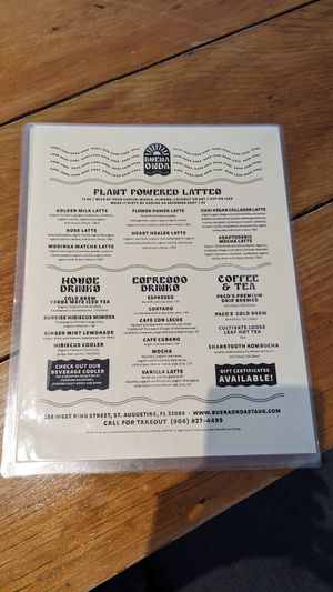 Drink menu at Buena Onda Cafe in St Augustine