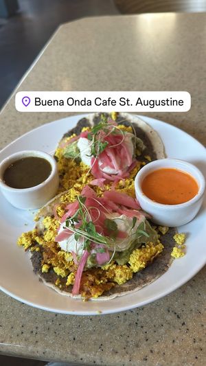 Vegan breakfast tacos with house made salsa verde and romesco  at Buena Onda Cafe in St Augustine
