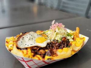 K-Pop FRIES with Vegan Fried Egg at The Joint Vegan Street Food in Colorado Springs
