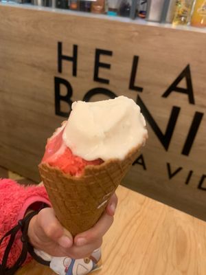 Ice cream cone with strawberry and lemon (partly eaten ) at Helado Bonito in Mexico City