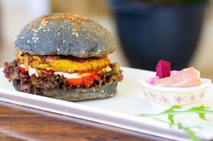 Vegan burger at Nang Sabai Cafe Artisan Bakery in Koh Samui