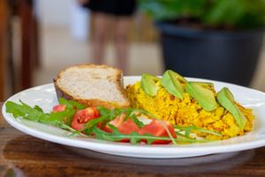 Tofu scramble with avocado and Slice of on Sourdough Bread. at Nang Sabai Cafe Artisan Bakery in Koh Samui