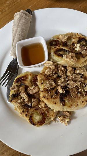 Nice pancakes with banana and walnut   at Nang Sabai Cafe Artisan Bakery in Koh Samui