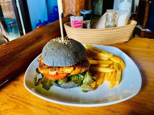 Vegan burger and fries at Nang Sabai Cafe Artisan Bakery in Koh Samui