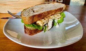 Vegan tofu banh mi sandwich on sourdough at Nang Sabai Cafe Artisan Bakery in Koh Samui