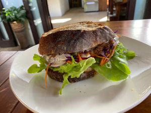 BBQ pulled jackfruit on sourdough at Nang Sabai Cafe Artisan Bakery in Koh Samui
