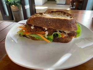 BBQ Pulled Jackfruit on sourdough sandwich at Nang Sabai Cafe Artisan Bakery in Koh Samui