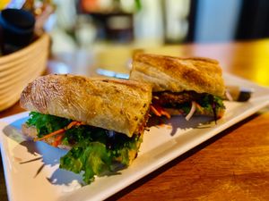 BBQ Pulled Jackfruit on baguette at Nang Sabai Cafe Artisan Bakery in Koh Samui