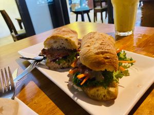 Jackfruit on baguette at Nang Sabai Cafe Artisan Bakery in Koh Samui