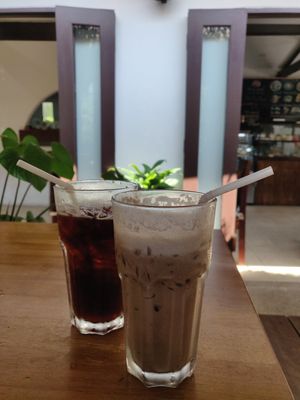 Americano with coconut juice & vegan chocolate with coconut milk at Nang Sabai Cafe Artisan Bakery in Koh Samui