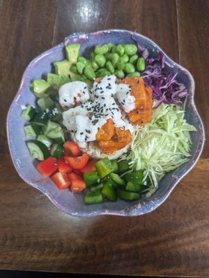 Spicy tofu rice bowl at Nang Sabai Cafe Artisan Bakery in Koh Samui