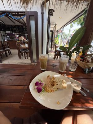 Tofu scramble wrap, almond milk ice latte and chunky monkey smoothie    at Nang Sabai Cafe Artisan Bakery in Koh Samui