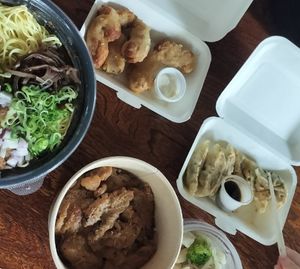 Selection of Karaage, Gyuudon, Gyoza and Ramen at Vegan Bistro Jangara in Tokyo