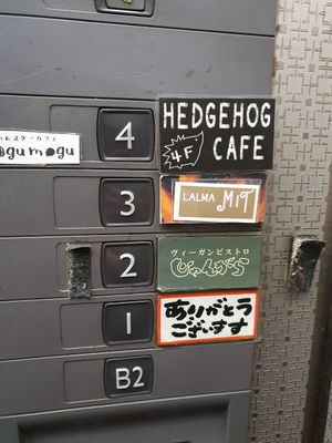 Inside the elevator at Vegan Bistro Jangara in Tokyo