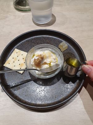 Caramel ice cream served with olive oil at Vegan Bistro Jangara in Tokyo