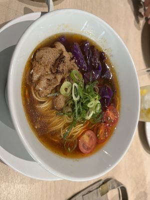Spicy noodle soup  at Vegan Bistro Jangara in Tokyo